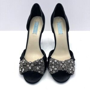 Betsey Johnson SB-Gown Black Satin Heels Rhinestone Bow Womens 10 M Peep Toe